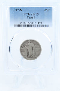 1917-S PCGS F15 Type 1 Standling Liberty Quarter Business Strike 25C
