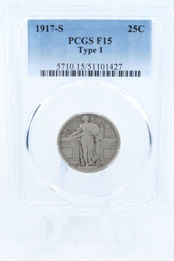 1917-S PCGS F15 Type 1 Standling Liberty Quarter Business Strike 25C
