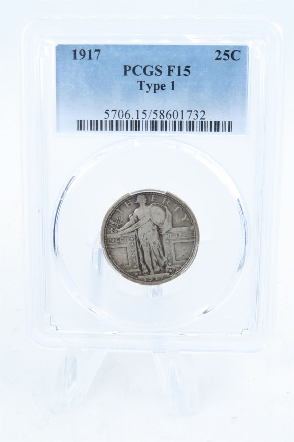 1917-P PCGS F15 Type 1 Standling Liberty Quarter Business Strike 25C