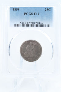 1858-P PCGS F12 Liberty Seated Quarter Business Strike 25C