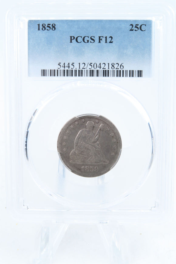 1858-P PCGS F12 Liberty Seated Quarter Business Strike 25C