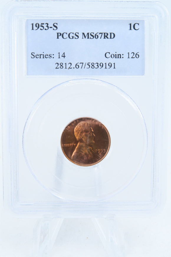 1953-S PCGS MS67RD Lincoln Wheat Cent Business Strike 1C