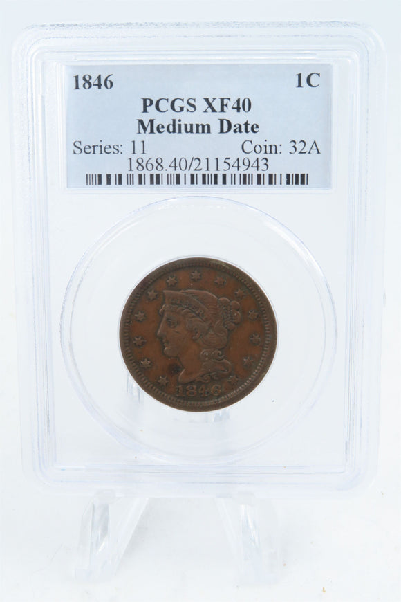 1846-P PCGS XF40BN Medium Date Braided Hair Cent Business Strike 1C