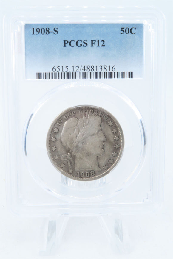 1908-S PCGS F12 Barber Half Dollar Business Strike 50C