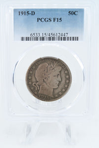 1915-D PCGS F15 Barber Half Dollar Business Strike 50C
