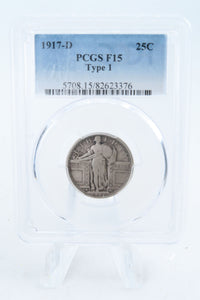 1917-D PCGS F15 Type 1 Standling Liberty Quarter Business Strike 25C