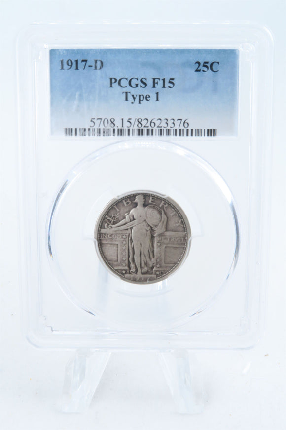 1917-D PCGS F15 Type 1 Standling Liberty Quarter Business Strike 25C