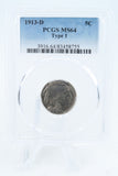 1913-D PCGS MS64 Type 1 Buffalo Nickel Business Strike 5C