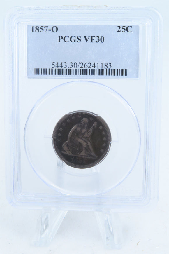 1857-O PCGS VF30 Liberty Seated Quarter Business Strike 25C