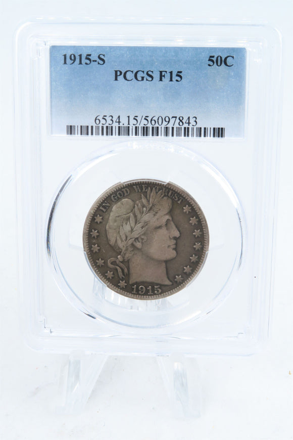 1915-S PCGS F15 Barber Half Dollar Business Strike 50C