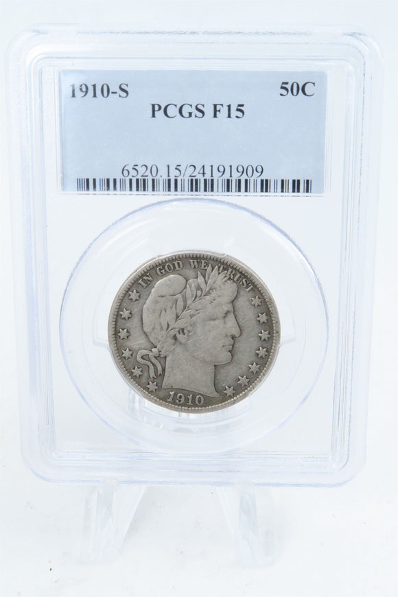 1910-S PCGS F15 Barber Half Dollar Business Strike 50C