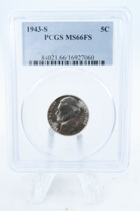 1943-S PCGS MS66FS Jefferson War Nickel Full Steps Business Strike 5C
