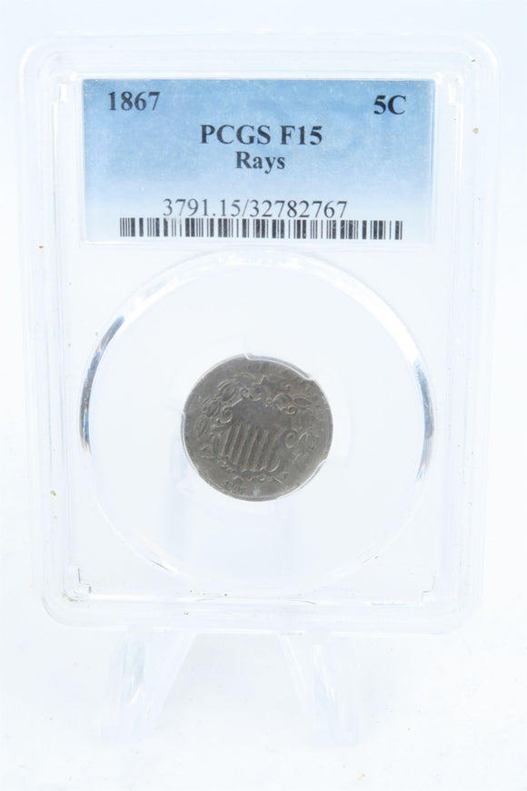 1867-P PCGS F15 Shield Nickel Business Strike 5C