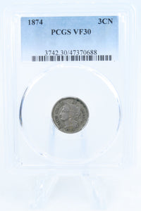 1874-P PCGS VF30 Three (3) Cent Nickel Business Strike 3CN