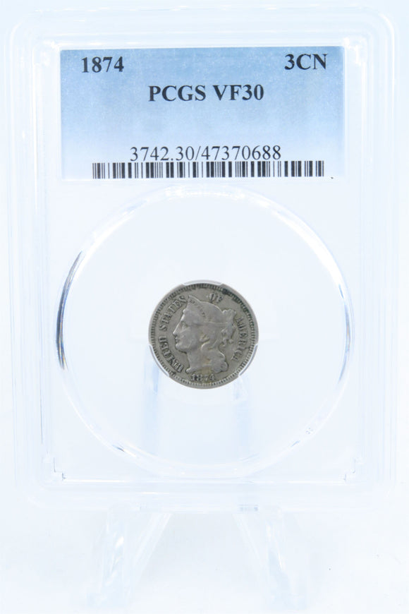 1874-P PCGS VF30 Three (3) Cent Nickel Business Strike 3CN