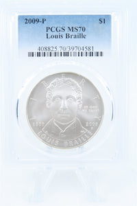 2009-P PCGS MS70 Louis Braille Silver Modern Commemorative Dollar