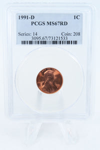 1991-D PCGS MS67RD Lincoln Memorial Cent Business Strike 1C