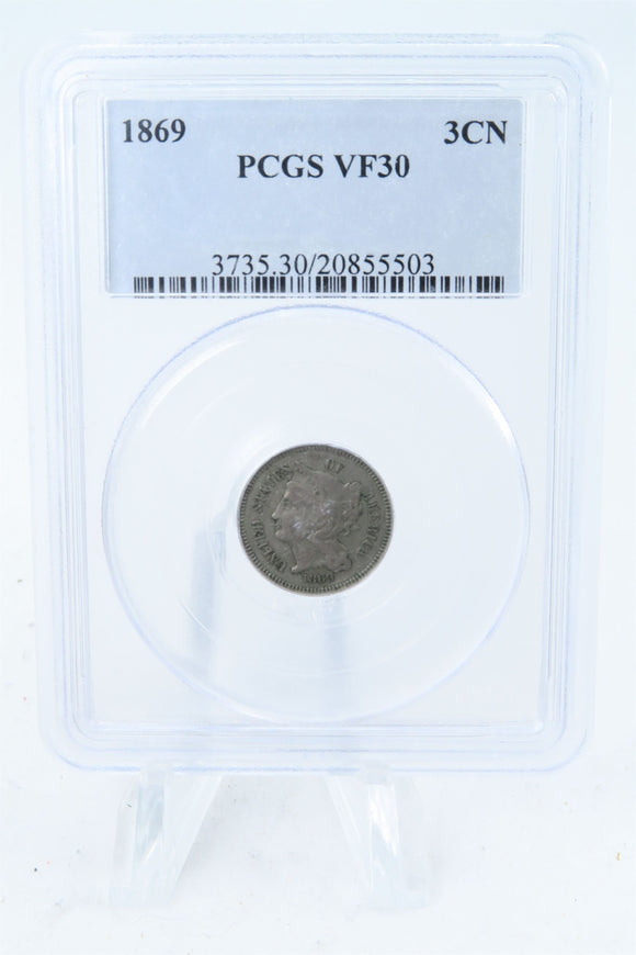1869-P PCGS VF30 Three (3) Cent Nickel Business Strike 3CN