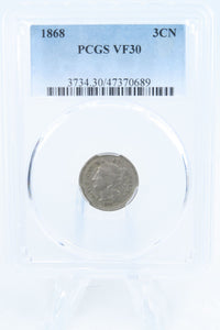 1868-P PCGS VF30 Three (3) Cent Nickel Business Strike 3CN