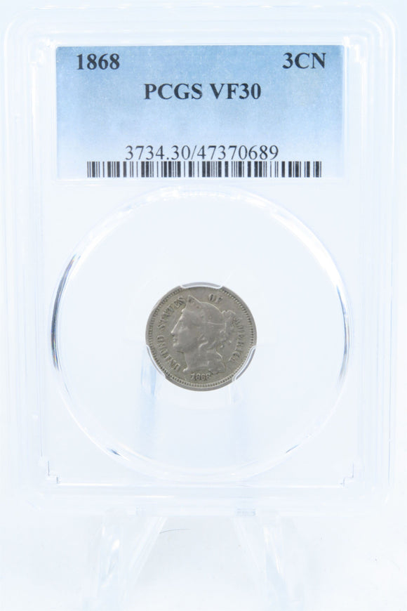 1868-P PCGS VF30 Three (3) Cent Nickel Business Strike 3CN