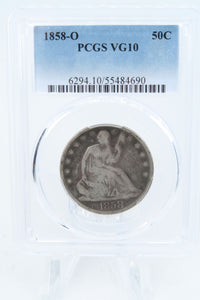 1858-O PCGS VG10 Liberty Seated Half Dollar Business Strike 50C