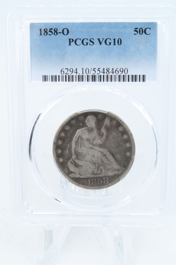 1858-O PCGS VG10 Liberty Seated Half Dollar Business Strike 50C