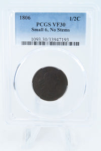 1806-P PCGS VF30BN Small 6 No Stems Draped Bust Half Cent Business Strike