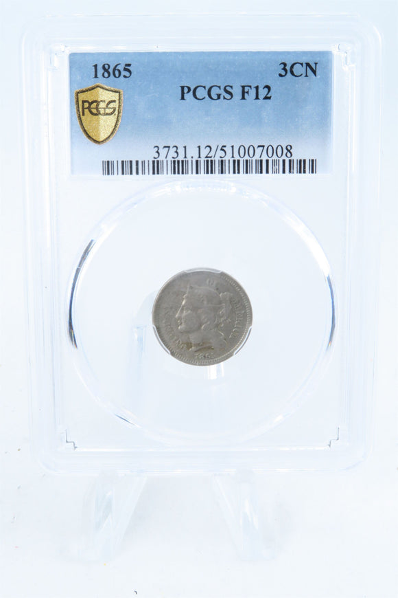 1865-P PCGS F12 Three (3) Cent Nickel Business Strike 3CN