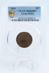 1864-P PCGS MS62BN Large Motto Two (2) Cent Piece Business Strike 2C