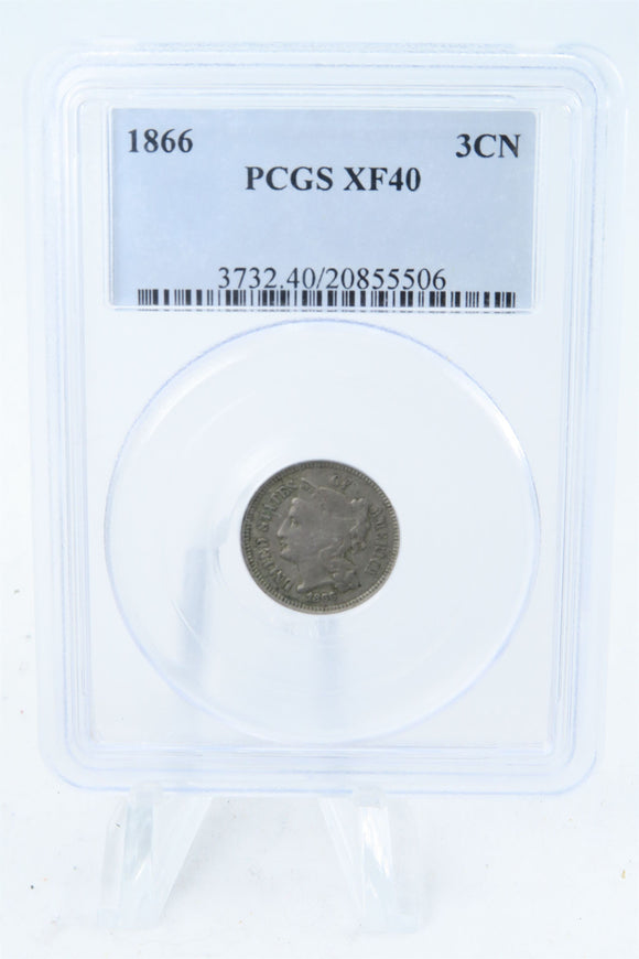 1866-P PCGS XF40 Three (3) Cent Nickel Business Strike 3CN