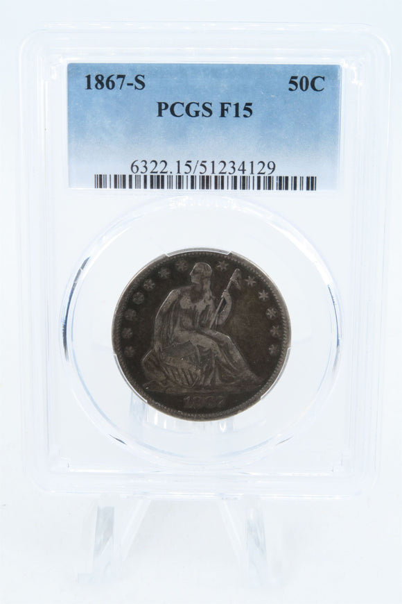 1867-S PCGS F15 Liberty Seated Half Dollar Business Strike 50C