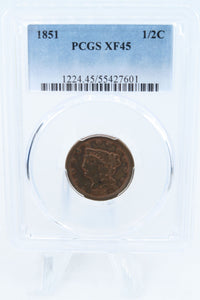1851-P PCGS XF45BN Braided Hair Half Cent Business Strike 1/2C