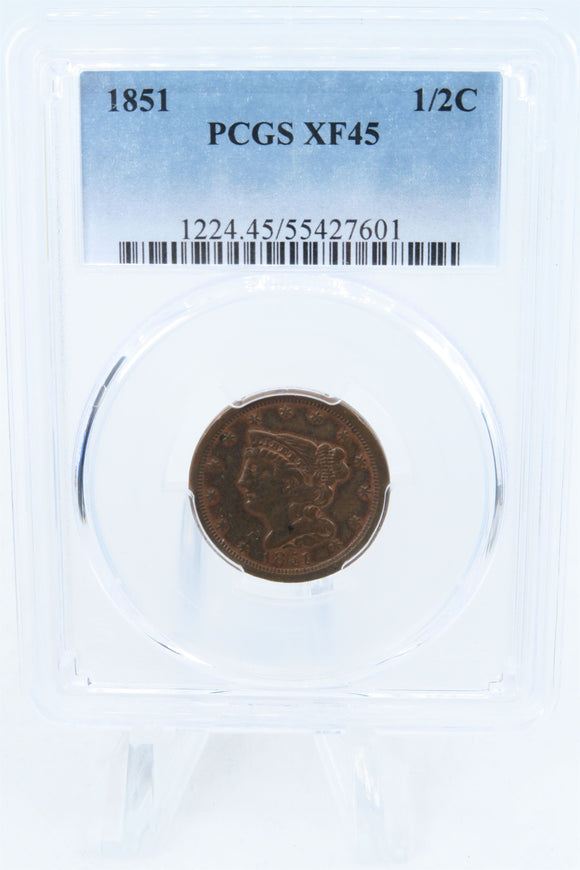 1851-P PCGS XF45BN Braided Hair Half Cent Business Strike 1/2C