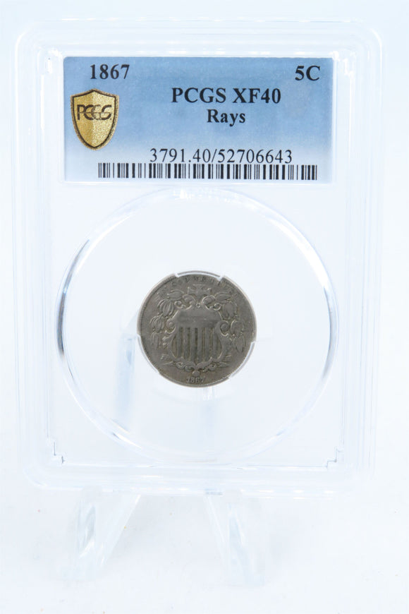 1867-P PCGS XF40 Shield Nickel Business Strike 5C