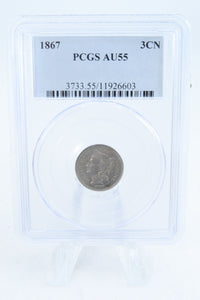 1867-P PCGS AU55 Three (3) Cent Nickel Business Strike 3CN