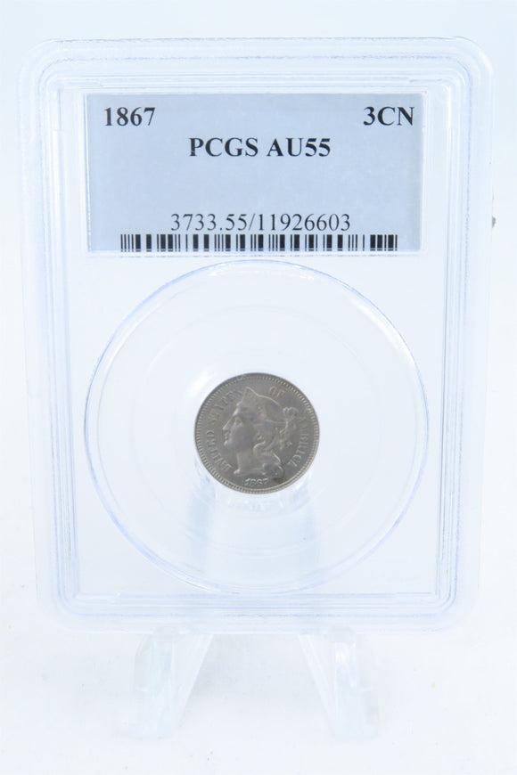 1867-P PCGS AU55 Three (3) Cent Nickel Business Strike 3CN