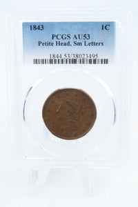 1843-P PCGS AU53BN Petite Head Small Letters Braided Hair Cent Business Strike 1C