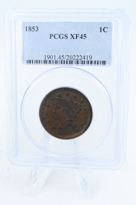 1853-P PCGS XF45BN Braided Hair Cent Business Strike 1C