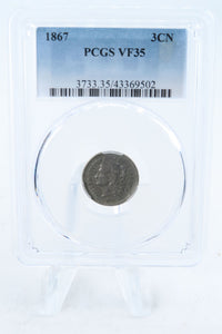 1867-P PCGS VF35 Three (3) Cent Nickel Business Strike 3CN