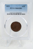 1853-P PCGS MS62BN Braided Hair Half Cent Business Strike 1/2C