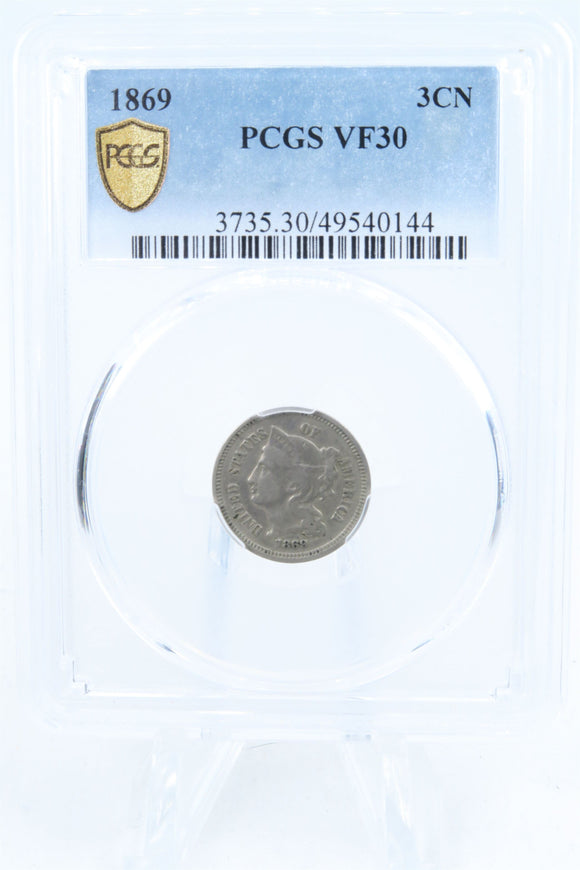 1869-P PCGS VF30 Three (3) Cent Nickel Business Strike 3CN