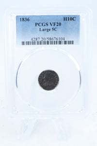 1836-P PCGS VF20 Large 5C Capped Bust Half Dime Business Strike