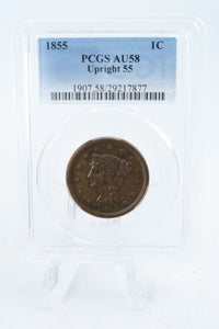 1855-P PCGS AU58BN Upright 55 Braided Hair Cent Business Strike 1C