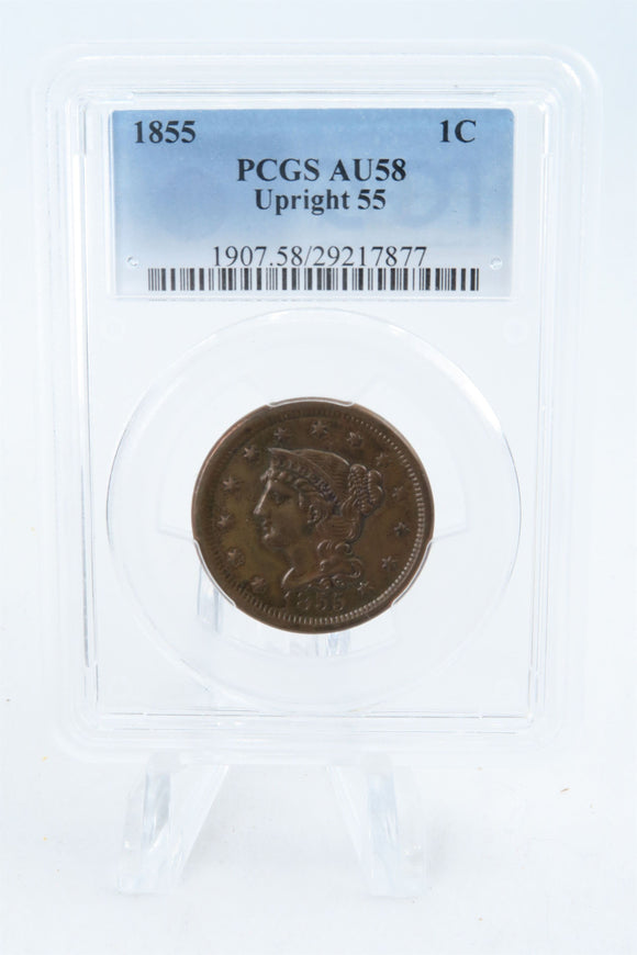 1855-P PCGS AU58BN Upright 55 Braided Hair Cent Business Strike 1C