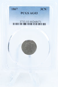 1867-P PCGS AG03 Three (3) Cent Nickel Business Strike 3CN