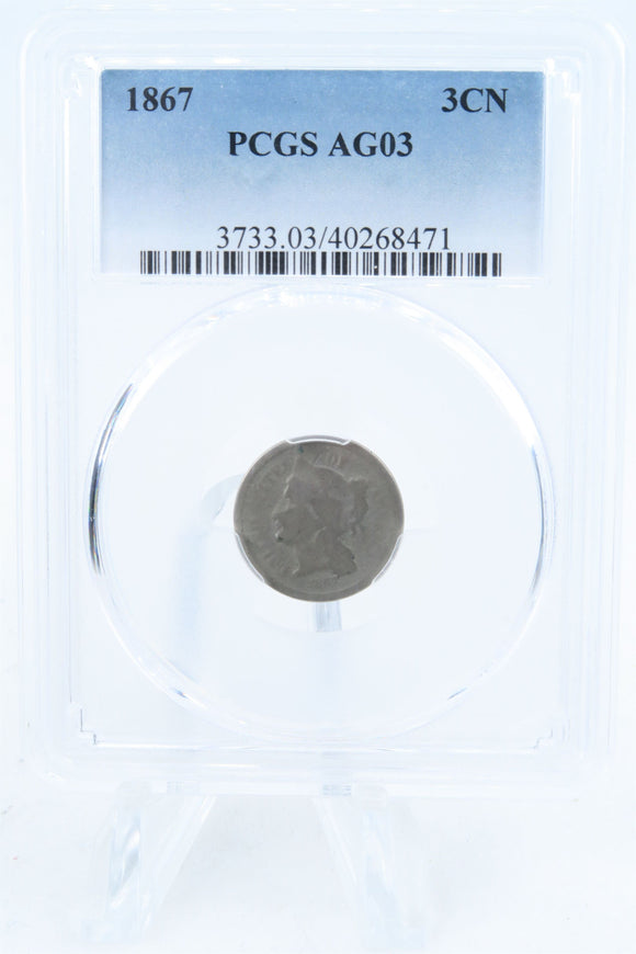 1867-P PCGS AG03 Three (3) Cent Nickel Business Strike 3CN