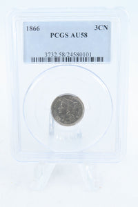 1866-P PCGS AU58 Three (3) Cent Nickel Business Strike 3CN
