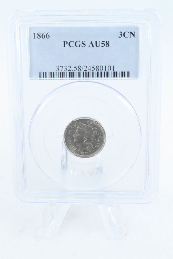 1866-P PCGS AU58 Three (3) Cent Nickel Business Strike 3CN