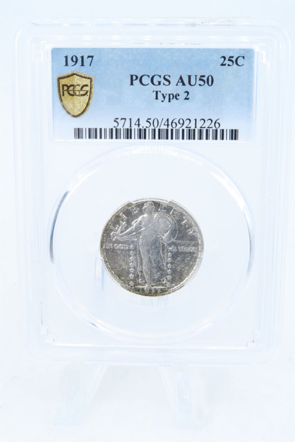 1917-P PCGS AU50 Type 2 Standling Liberty Quarter Business Strike 25C