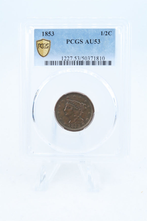 1853-P PCGS AU53BN Braided Hair Half Cent Business Strike 1/2C